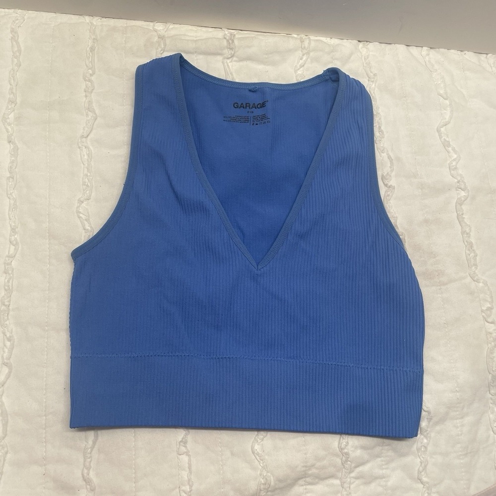 Garage Blue Ribbed V Neck Cropped Tank Top Size P/S Stretch Knit Bralette
